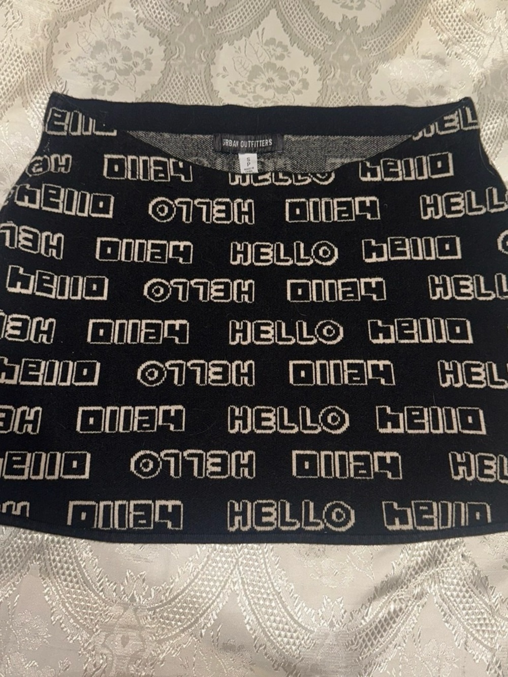 Urban Outfitters Black Knit Mini Skirt with White 'HELLO' Print